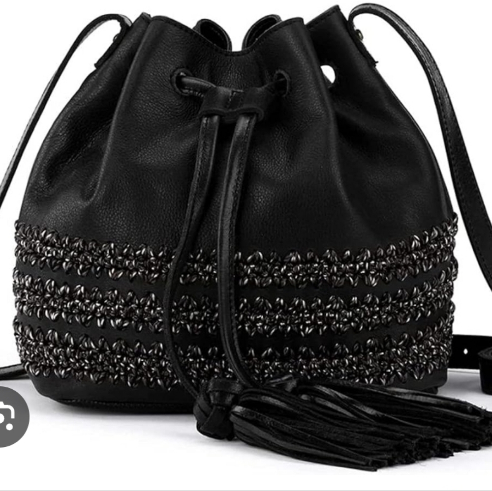 The SAK Sayulita Drawstring Bucket Bag Purse Black Leatherr & Crochet Boho